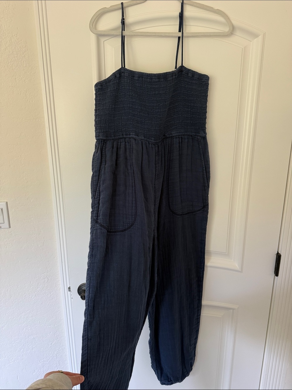 Women’s Navy Smocked Jumpsuit with Pockets